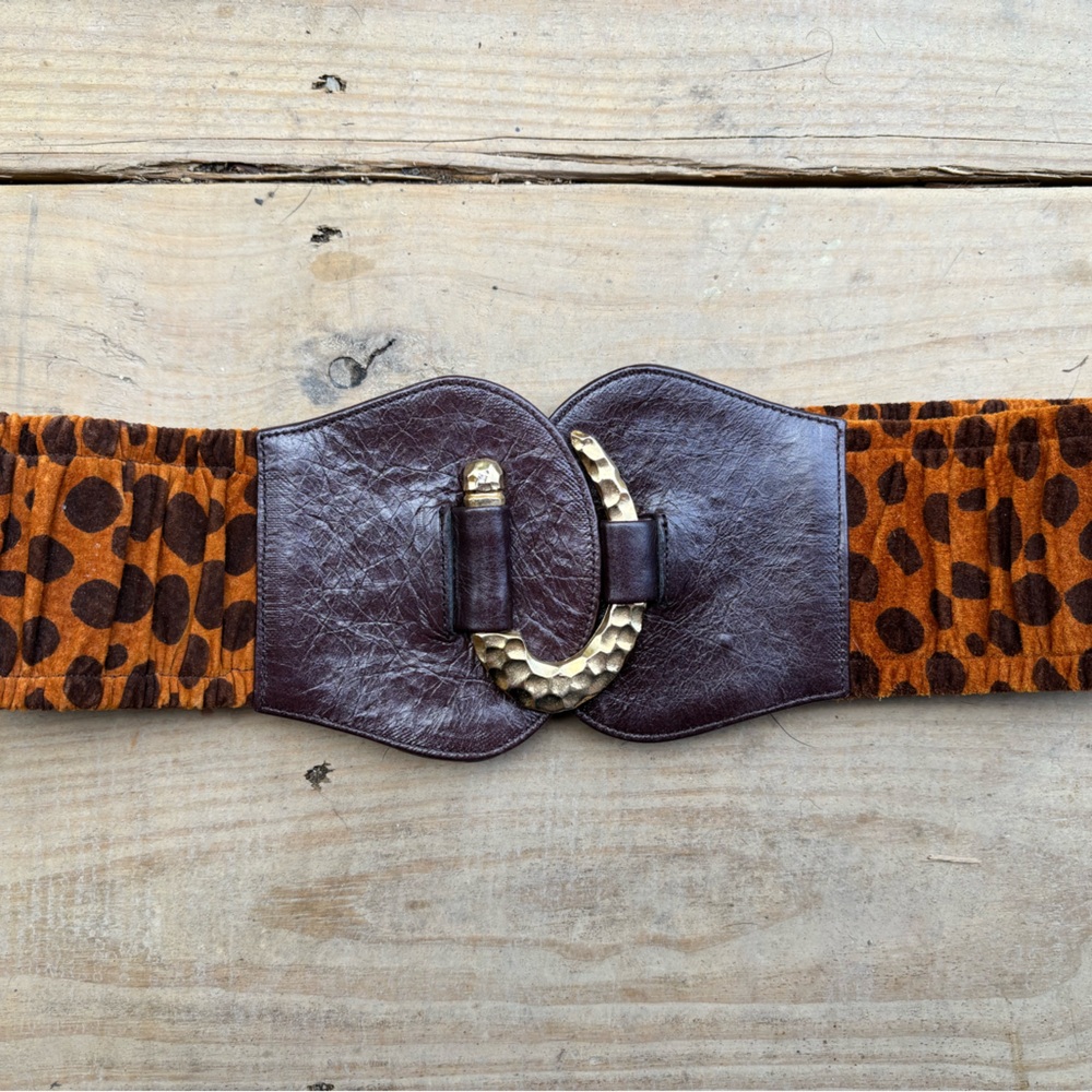 Vintage Raina Leopard Print Belt with Brown Leather Buckle + Brass Closure